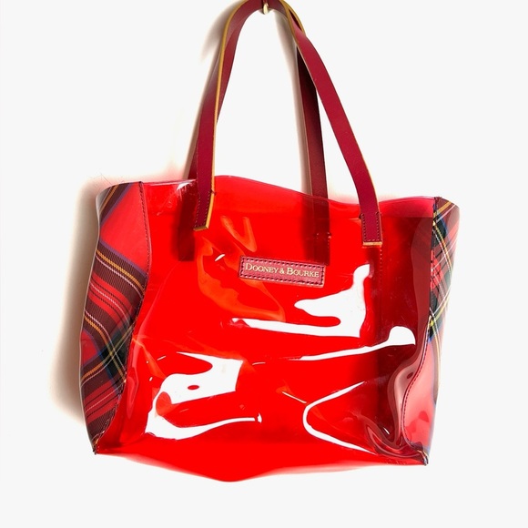 Dooney & Bourke red PVC plastic plaid tote purse - Picture 1 of 9